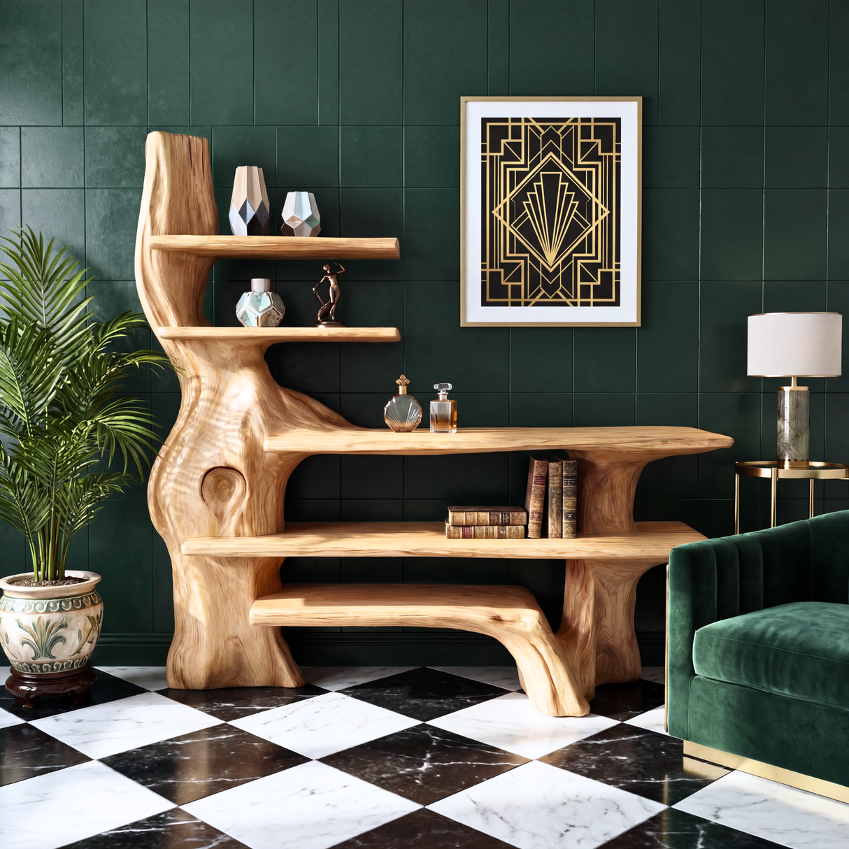 Sculptural Solid Wood Console Table with Organic Base and Open Display Shelves Artistic Freeform Console Table