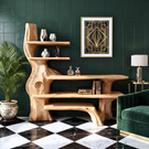 Sculptural Solid Wood Console Table with Organic Base and Open Display Shelves Artistic Freeform Console Table