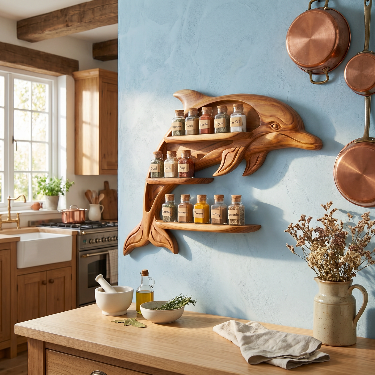 Sculptural Solid Wood Dolphin Spice Shelf with Staggered Wall Storage
