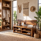 Handcrafted Solid Wood Shoe Cabinet with Open Shelves and Organic Backrest