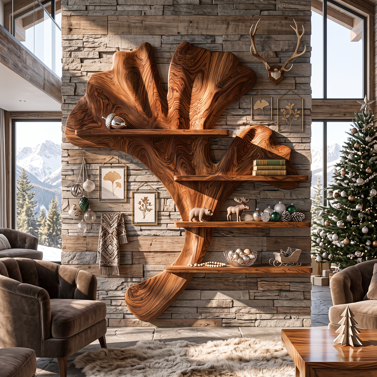 Ginkgo Leaf Solid Wood Wall Shelf with Sculptural Branch Display Design