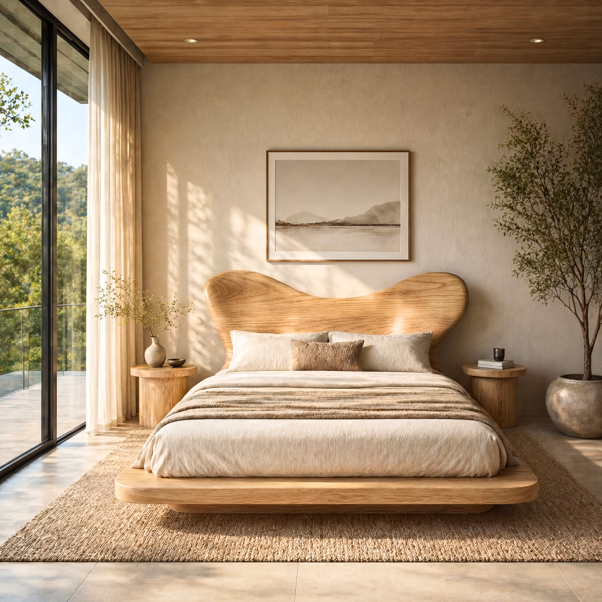 Sculptural Solid Wood Platform Bed with Organic Curved Headboard for Bedroom