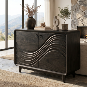 Natural Solid Wood Sideboard with Flowing Relief Carved Front
