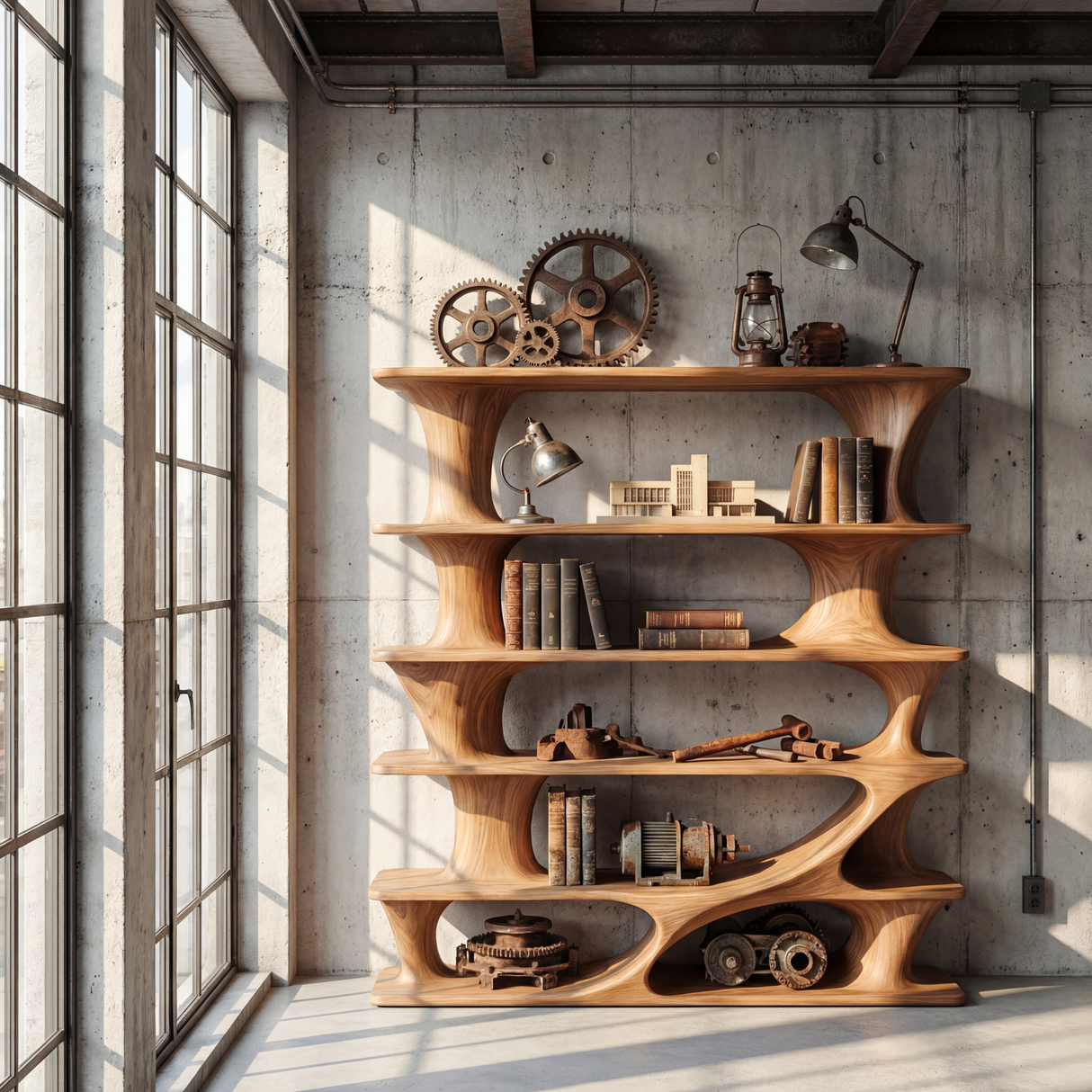 Architectural Tiered Wood Bookcase with Flowing Open Shelves