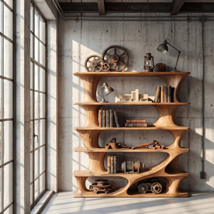 Architectural Tiered Wood Bookcase with Flowing Open Shelves