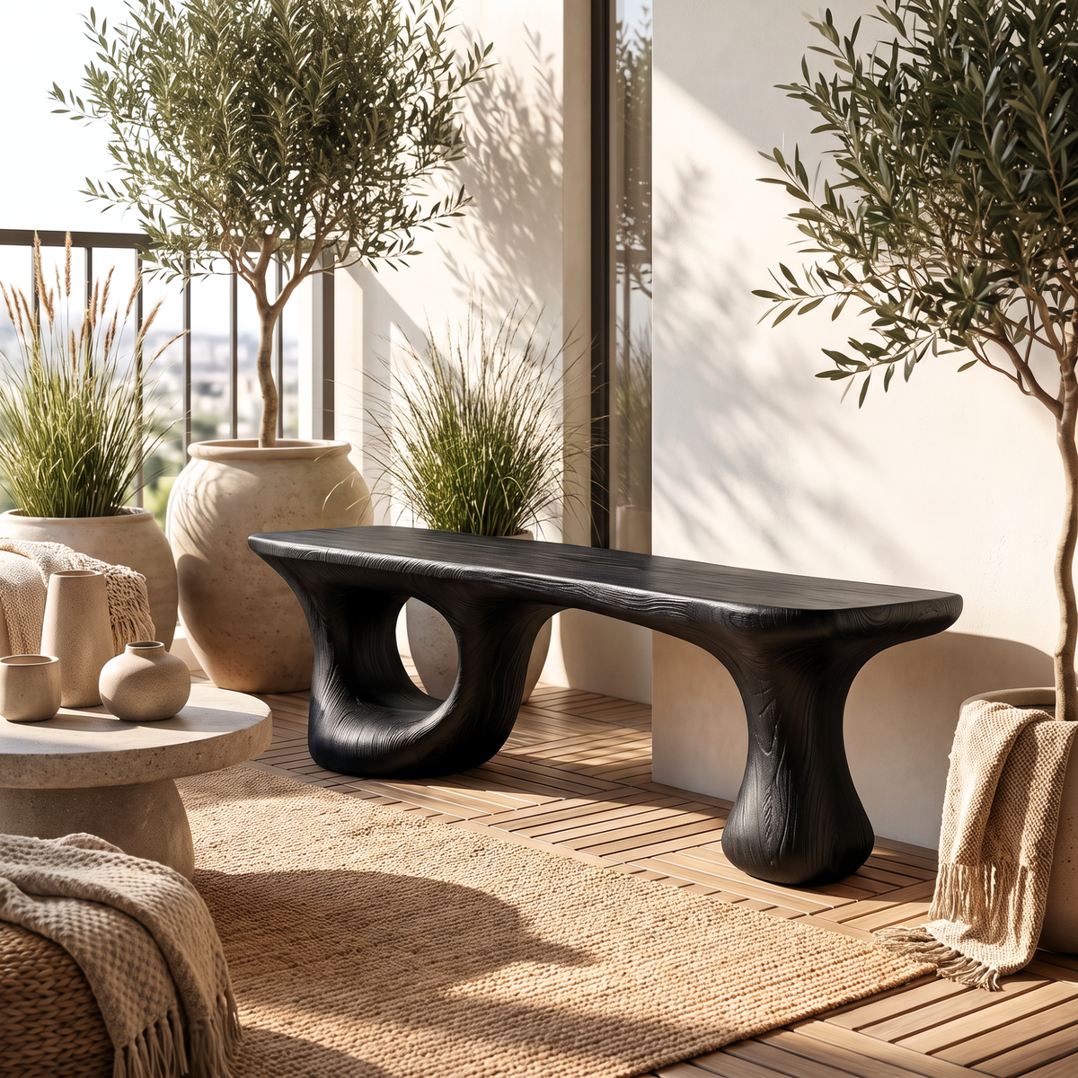 Bench Solid Wood with Sculptural Loop and Pedestal Base with Flowing Live Edge Seat