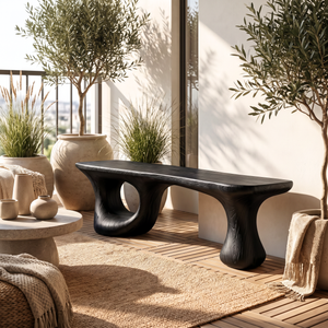 Bench Solid Wood with Sculptural Loop and Pedestal Base with Flowing Live Edge Seat
