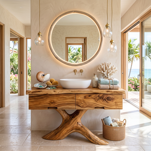 Bathroom Vanity Solid Wood with Root Pedestal and Drawer Storage