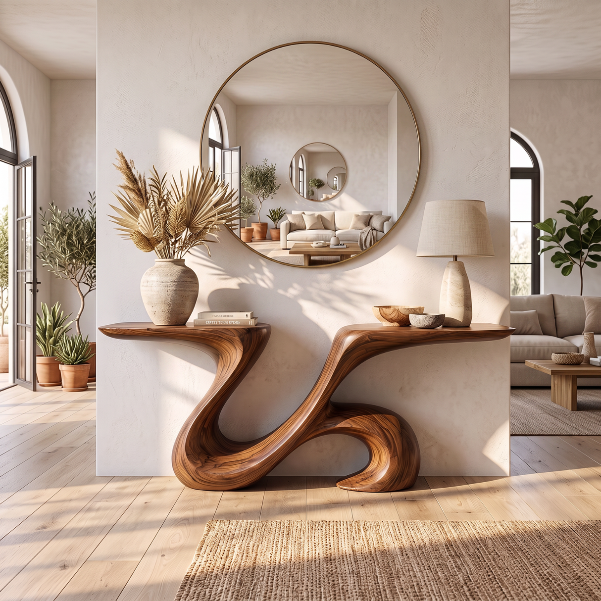 Console Table Solid Wood with Sculptural Double Wing Base for Entryway Decor