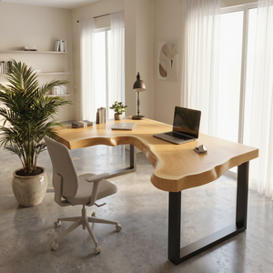 Live Edge L Shaped Solid Wood Desk with Metal Legs
