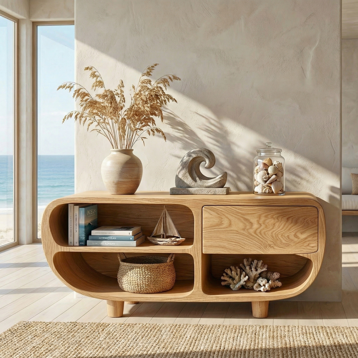 Solid Wood Sideboard with Rounded Open Shelves for Organic Modern Interiors