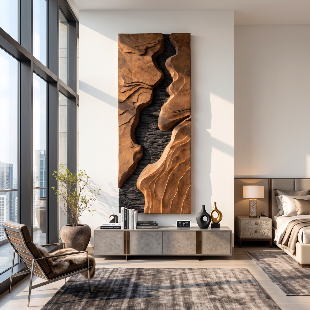 Vertical Sculpted Wood Wall Art with Layered Relief and Contrasting Textures
