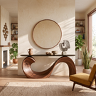 Console Table Solid Wood with Sculptural Wave Loop Base and Dark Top