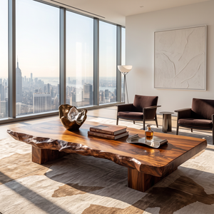 Coffee Table Solid Wood with Thick Live Edge Slab Top for Living Room