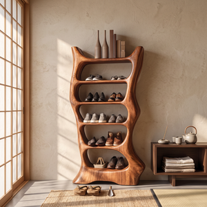 Shoe Rack Solid Wood with Sculptural Organic Frame and Multi Tier Shelves