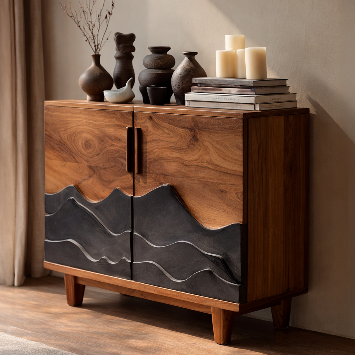 Solid Wood Sideboard with Carved Wave Design Modern Rustic Storage Cabinet Statement Buffet for Living Room