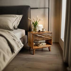 Handcrafted Solid Wood Nightstand with Wave Drawer & Shelf