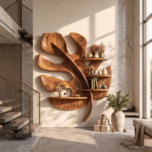 Tropical Leaf Solid Wood Wall Shelf with Sculptural Branch Display Design