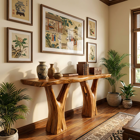 Live Edge Solid Wood Console with Tree-Inspired Base