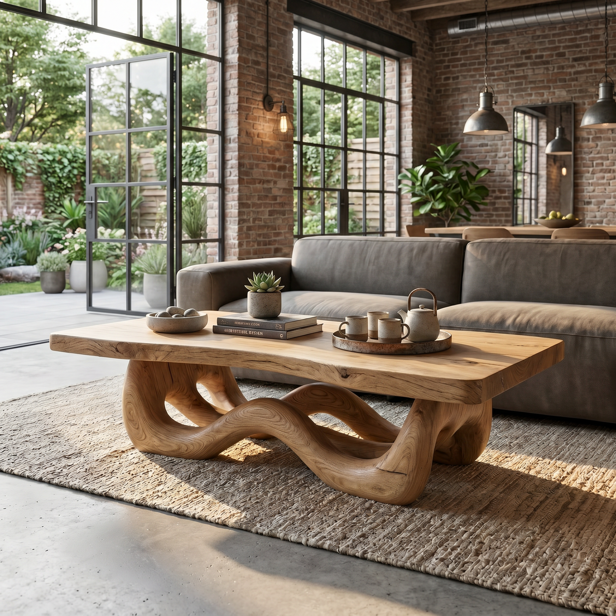 Solid Wood Coffee Table with Ribbon-Like Sculptural Base