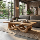 Solid Wood Coffee Table with Ribbon-Like Sculptural Base