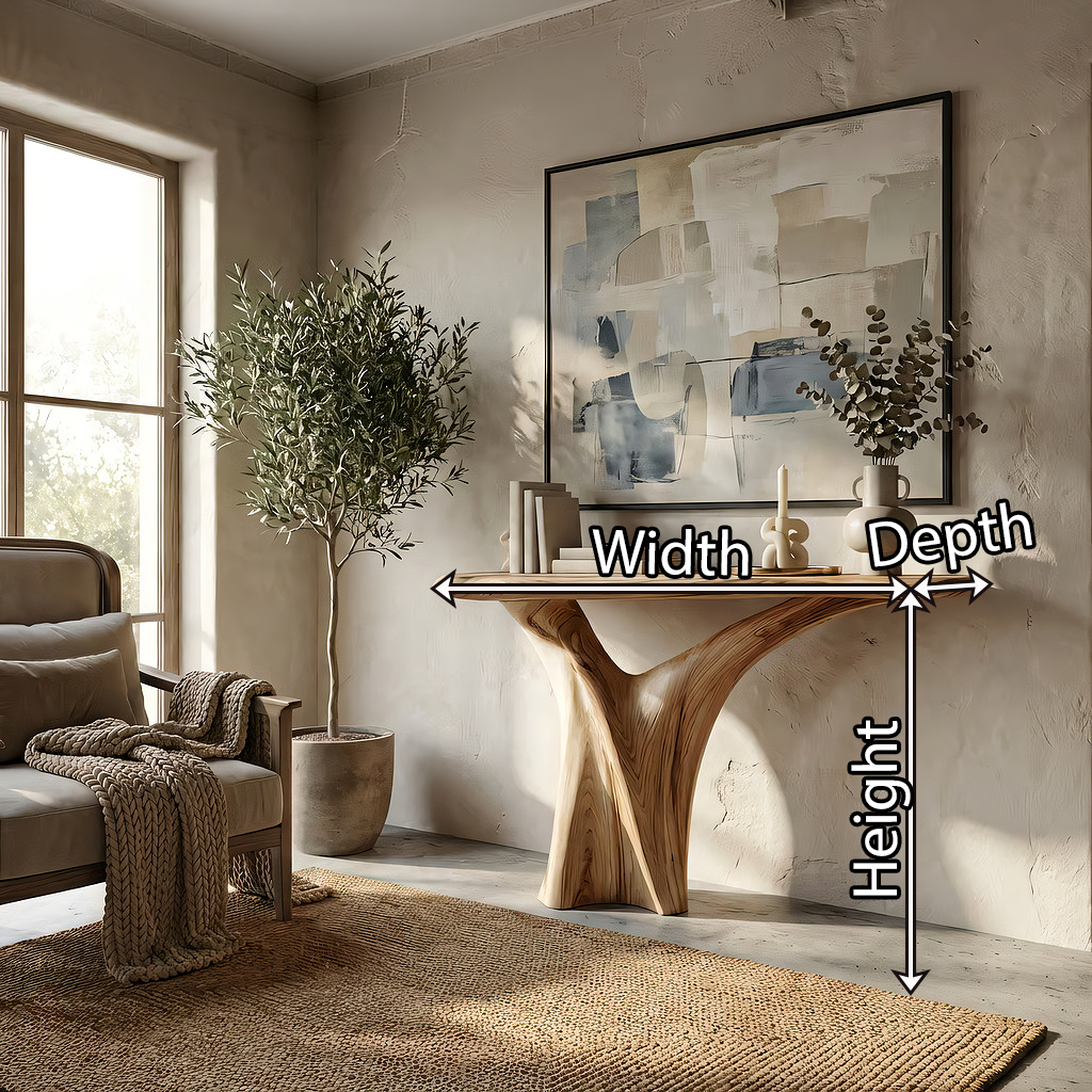 Organic Solid Wood Console Table with Sculpted Pedestal Base