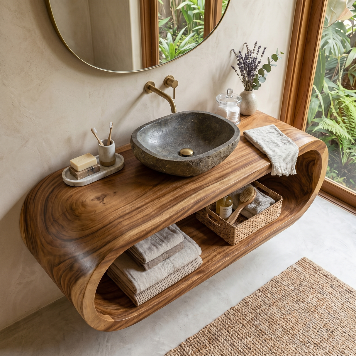 Organic Solid Wood Floating Bathroom Vanity with Sculptural Curved Form