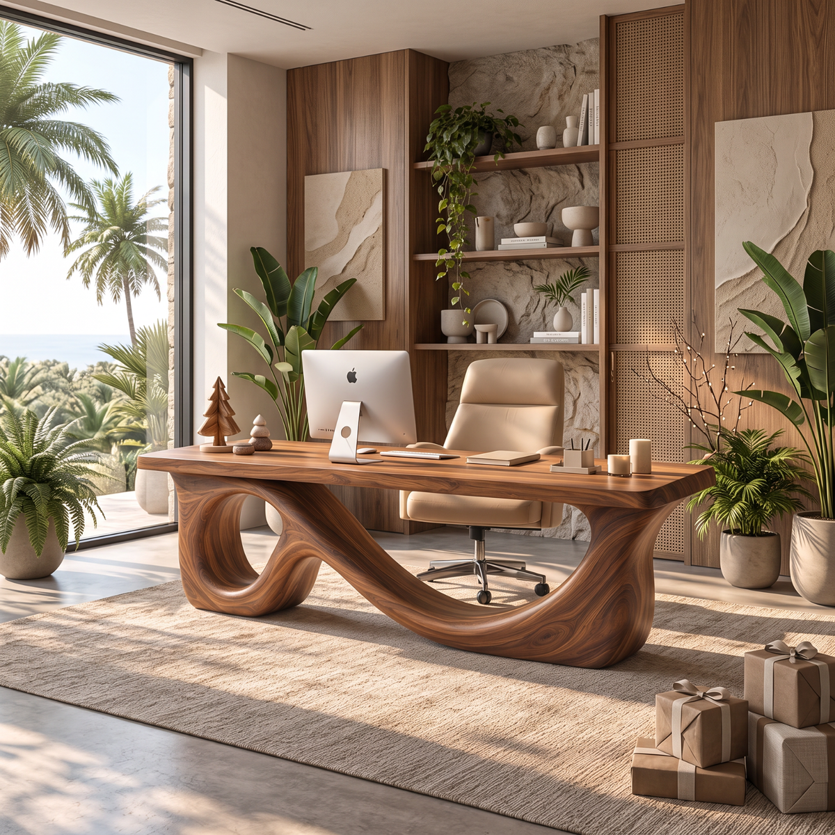 Organic Solid Wood Executive Desk with Sculptural Loop Base