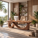 Organic Solid Wood Executive Desk with Sculptural Loop Base