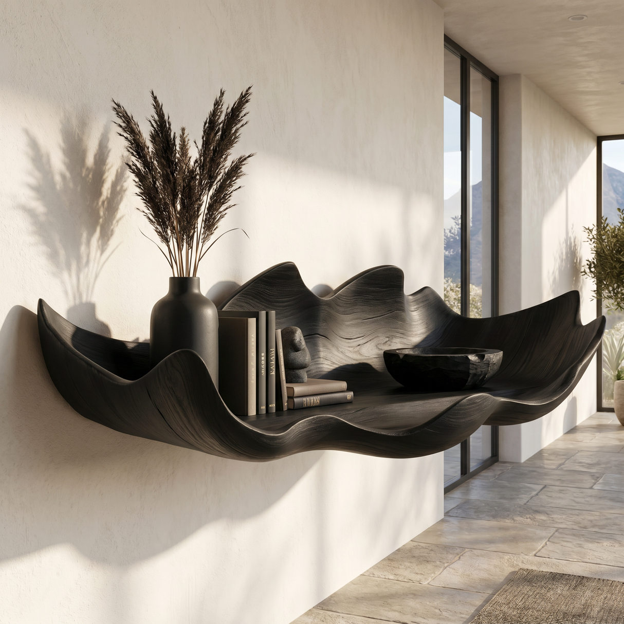 Handcrafted Solid Wood Bloom Tray Wall Shelf with Sculpted Petal Edge