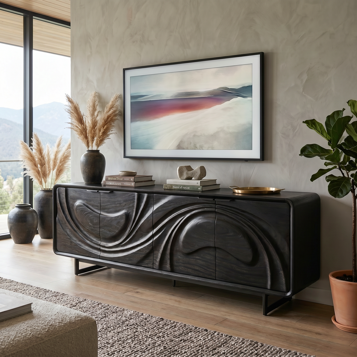 Handcrafted Solid Wood Media Cabinet with Fluid Carved Front