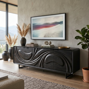 Handcrafted Solid Wood Media Cabinet with Fluid Carved Front