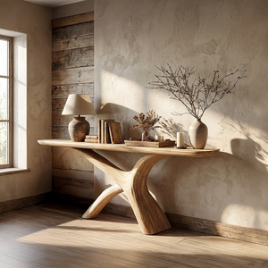 Sculpted Cross-Leg Solid Wood Console Table in Natural Finish