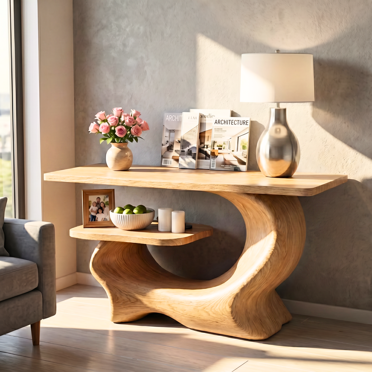 Organic Wooden Console Table Handmade Sculptural Entryway Shelf