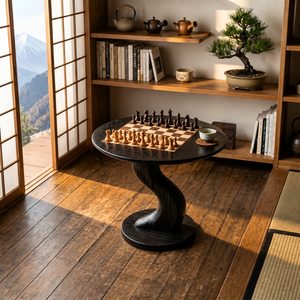 Handcrafted Round Solid Wood Chess Table with Twisted Pedestal Base