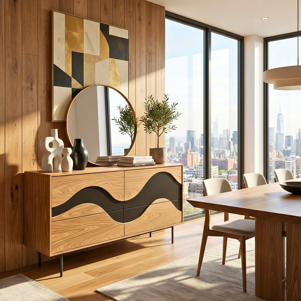Architectural Wave Front Sideboard Cabinet, Modern Storage Credenza for Modern Interiors