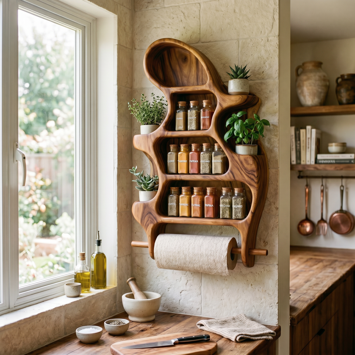 Organic Solid Wood Wall Spice Organizer with Plant Shelves and Towel Roll Holder
