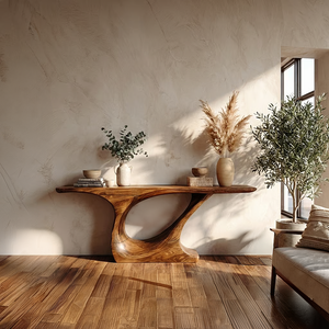 Organic Curve Solid Wood Console Table with Sculpted Pedestal Base