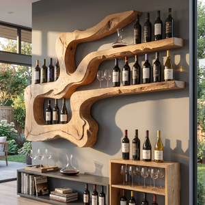 Handmade Organic Wood Wine Rack Wall Shelf Sculptural Bar Decor