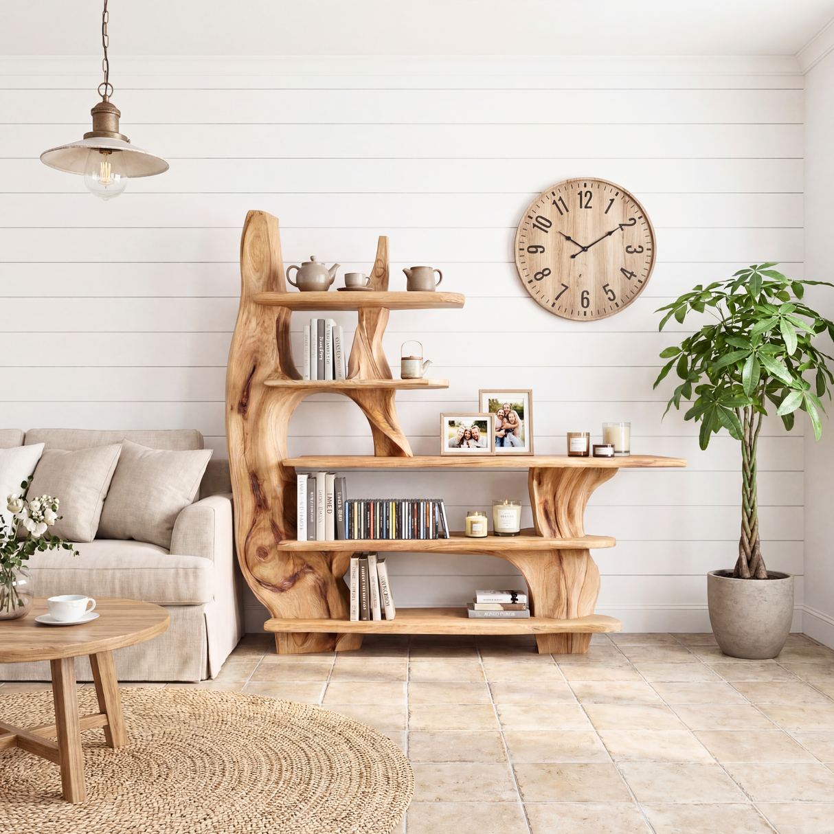 Organic Sculptural Solid Wood Console Table with Multi Tier Display Shelves Artistic Freeform Entryway Table