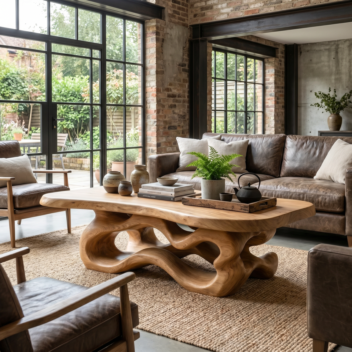 Artisan Solid Wood Coffee Table with Fluid Loop Base and Soft Edge Slab Top
