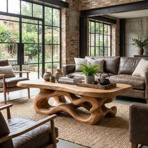 Artisan Solid Wood Coffee Table with Fluid Loop Base and Soft Edge Slab Top
