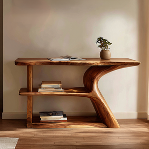 Modern Solid Wood Console Table with Sculpted Side Panel and Shelf
