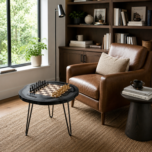 Handcrafted Solid Wood Chess Coffee Table with Organic Round Top and Hairpin Legs