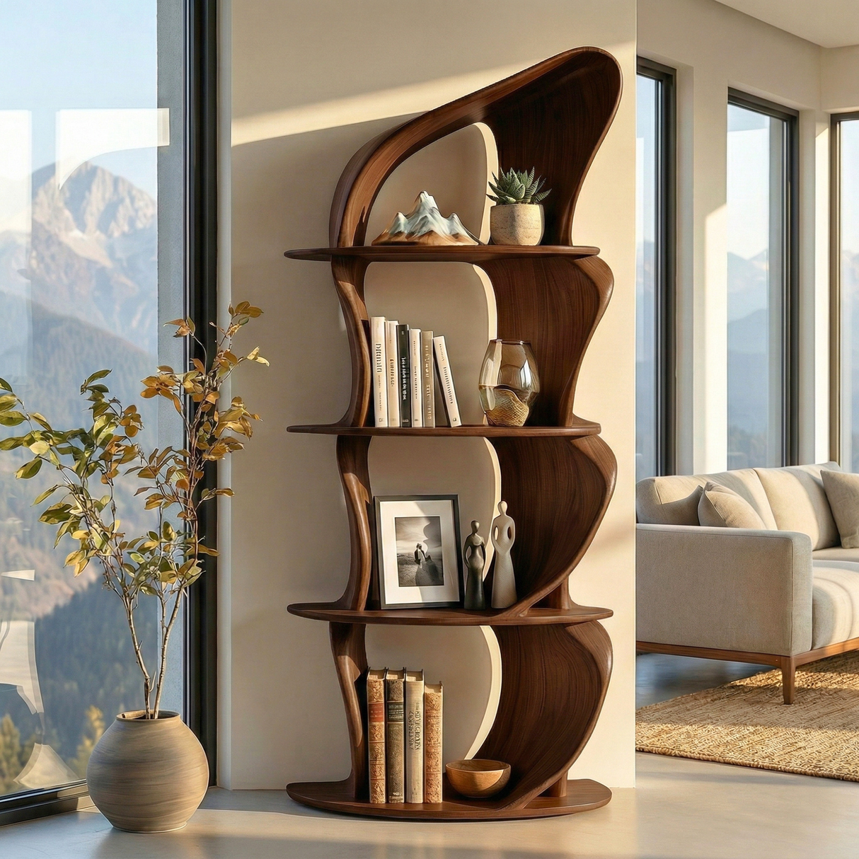 Solid Wood Sculptural Bookshelf with Asymmetrical Curves for Organic Modern Interiors