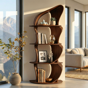 Solid Wood Sculptural Bookshelf with Asymmetrical Curves for Organic Modern Interiors