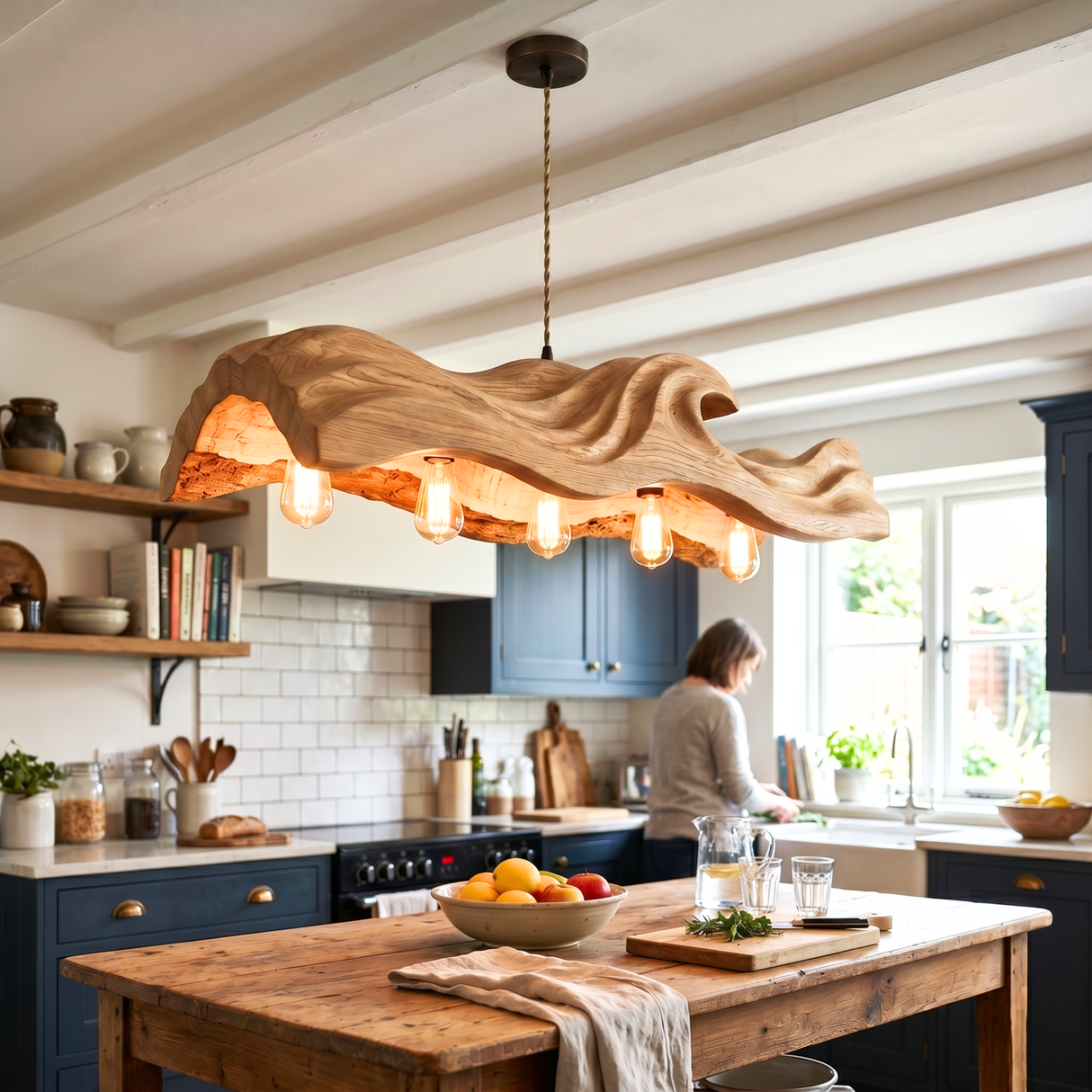 The Handcrafted Organic Wood Pendant Light with Wave Carved Form and Exposed Bulbs