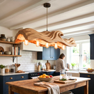 The Handcrafted Organic Wood Pendant Light with Wave Carved Form and Exposed Bulbs