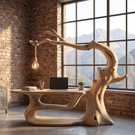 Sculptural Solid Wood Desk with Integrated Hanging Lamp, Organic Writing Table, Artistic Reading Nook Desk