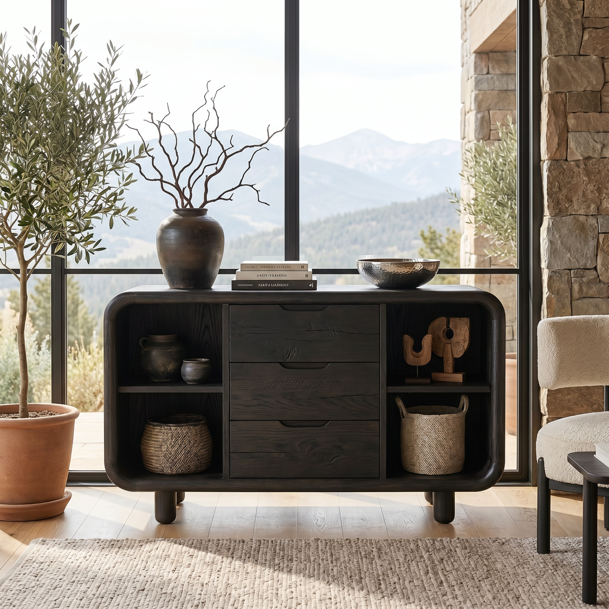 Solid Wood Sideboard Cabinet with Three Drawers and Rounded Display Bays